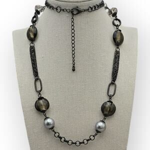 Brown Crystal Grey Faux Pearl Antique Metal Long Necklace Edgy Dark Industrial